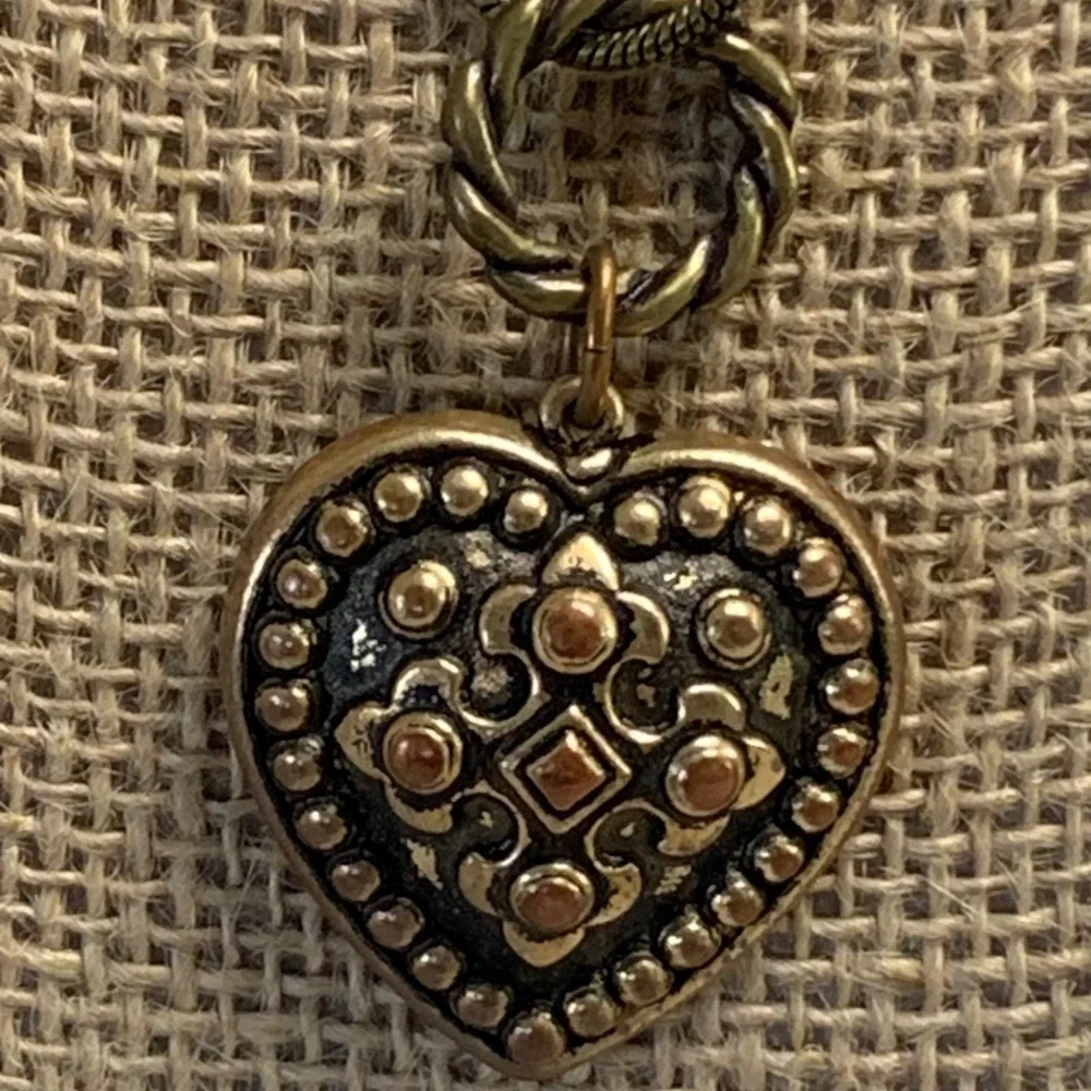 Vintage Antique Brass Tone Heart Pendant Snake Chain Necklace 16 Inch 4497